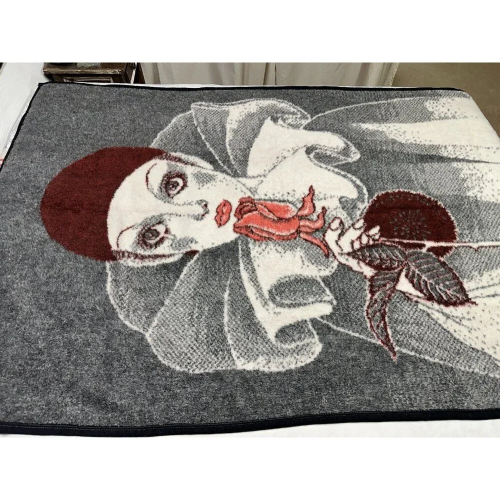 Vintage Acrylic Harlequin Sad Clown Rose Pierrot Throw Blanket Red Black 55x82”